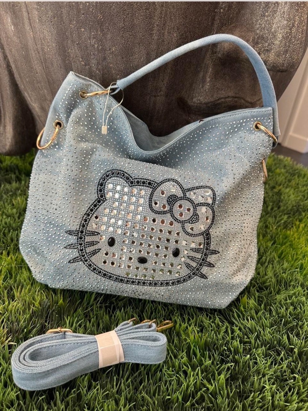 Brand New Hello Kitty denim and rhinestone crystal purse handbag